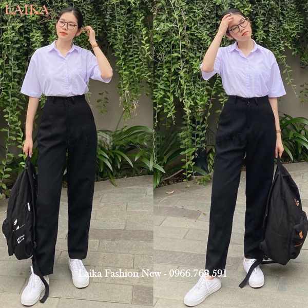 Quần tây học sinh đi học lưng cao ống suông dài màu Xanh Đen kiểu quần baggy vải dày nữ đi học cạp đáy cao co giãn nhẹ