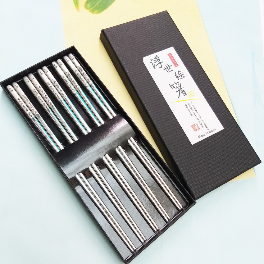 Bộ 5 đũa Inox 304 đặc ruột mẫu hoa văn Nhật Bản