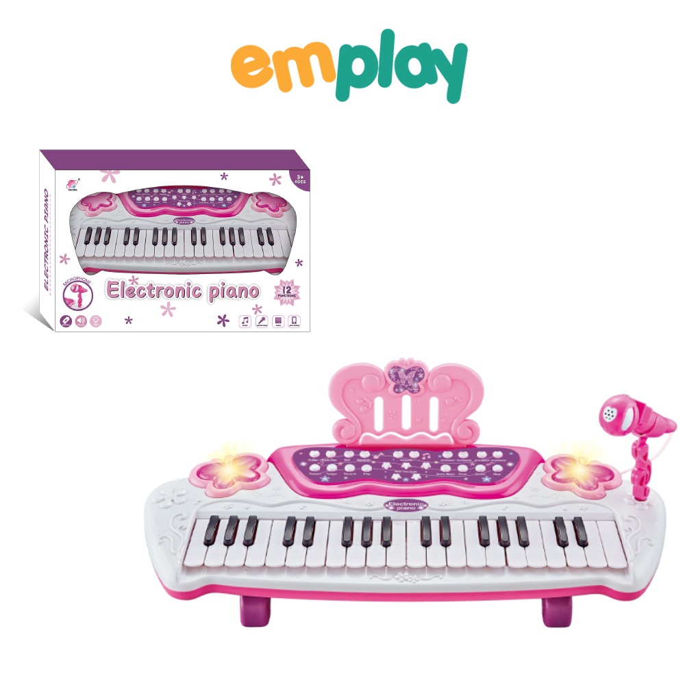 Đồ chơi đàn Piano điện tử màu hồng cao cấp cho bé Emplay cỡ to đại chân cao họa tiết cánh bướm có ghế ngồi và micro