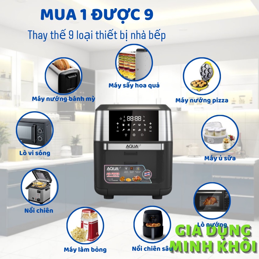 Nồi chiên không dầu AQUA DM THÁI LAN DUNG TÍCH SIÊU LỚN 12L Màn hình CẢM ỨNG, Lồng quay, Tầng nướng - BH 12 THÁNG