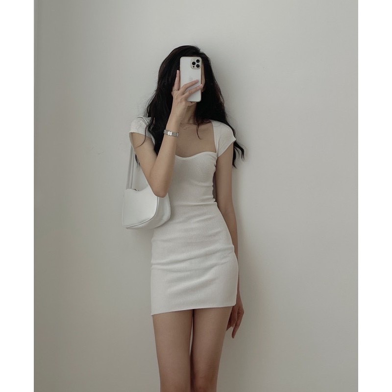 Váy Thun Tăm Cộc Tay Cổ Én Nữ - Đầm ôm body dáng ngắn thiết kế hở cổ, tay lỡ tiểu thư bánh bèo style Ulzzang | BigBuy360 - bigbuy360.vn