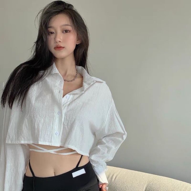 Áo sơ mi trắng croptop buộc dây bụng ulzzang