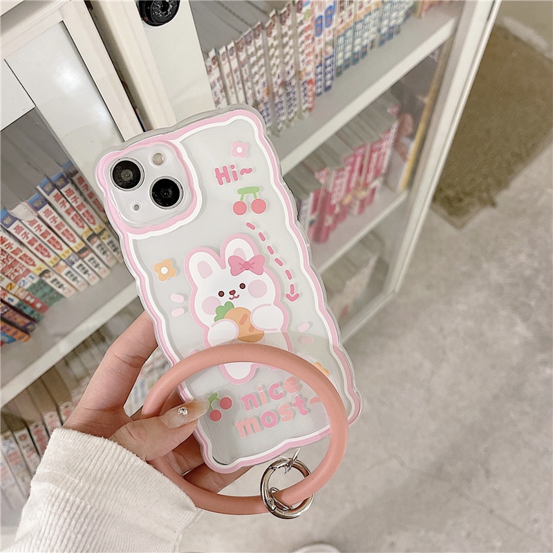 Ốp Điện Thoại Silicon Hình Thỏ Hoạt Hình Gắn Dây Đeo Cổ Tay Cho iphone 12 13 11Pro 78 xs xr6 7 8 PLUS PROMAX 14