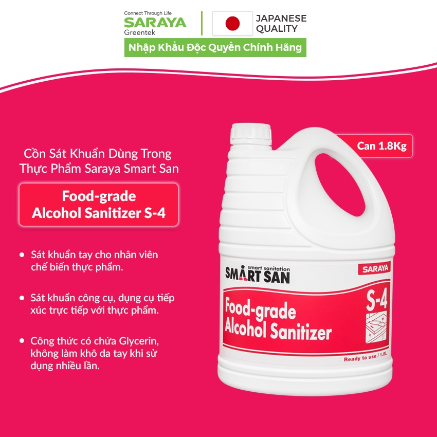 Cồn sát khuẩn Saraya Smart San Food Grade Alcohol Sanitizer S-4 (Dùng trong thực phẩm) - Can 1.8 Lít