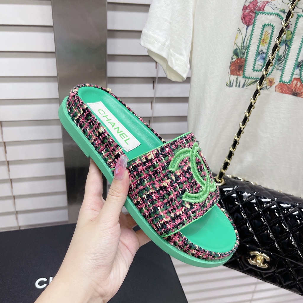 Dép nữ da thật thời trang cao cấp 𝘾𝙝𝙖𝙣𝙚𝙡 𝘾𝙝𝙖𝙣n𝙚𝙡 CN thiết kế dạ tweed, phong cách cá tính