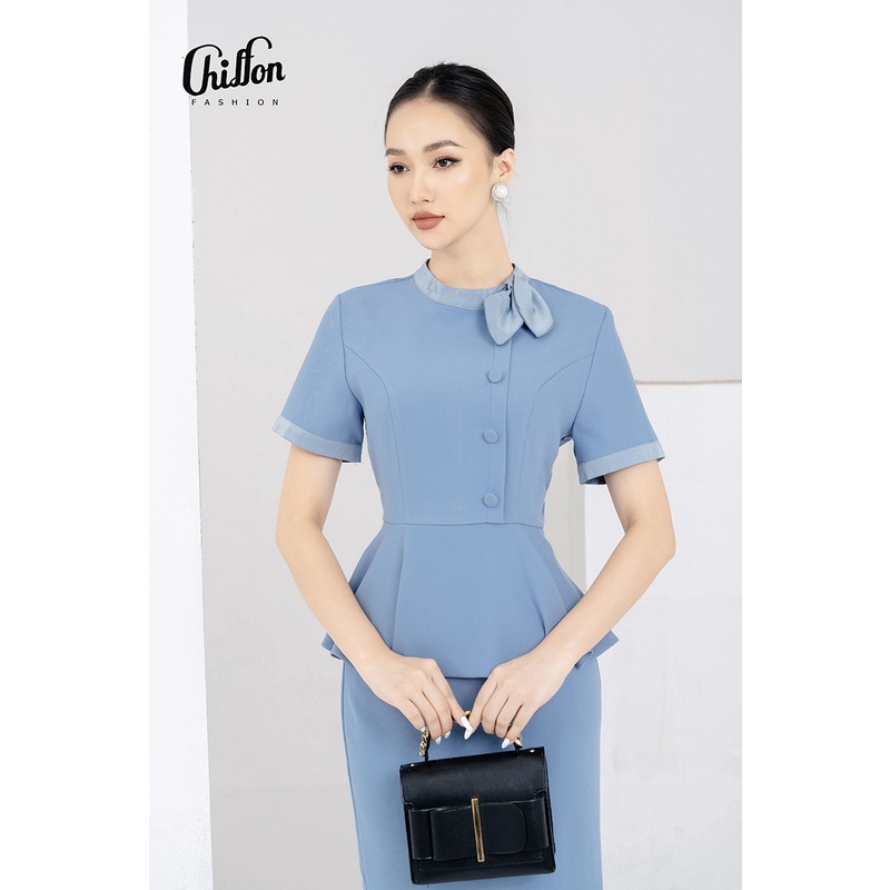 Set vest kí giả peplum cổ nơ lệch, đồ công sở nữ đẹp thiết kế by Chiffon