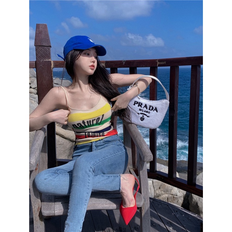 Áo hai dây ZHELIHANGFEI dáng ôm ngắn họa tiết kẻ sọc phong cách Mỹ quyến rũ cho nữ