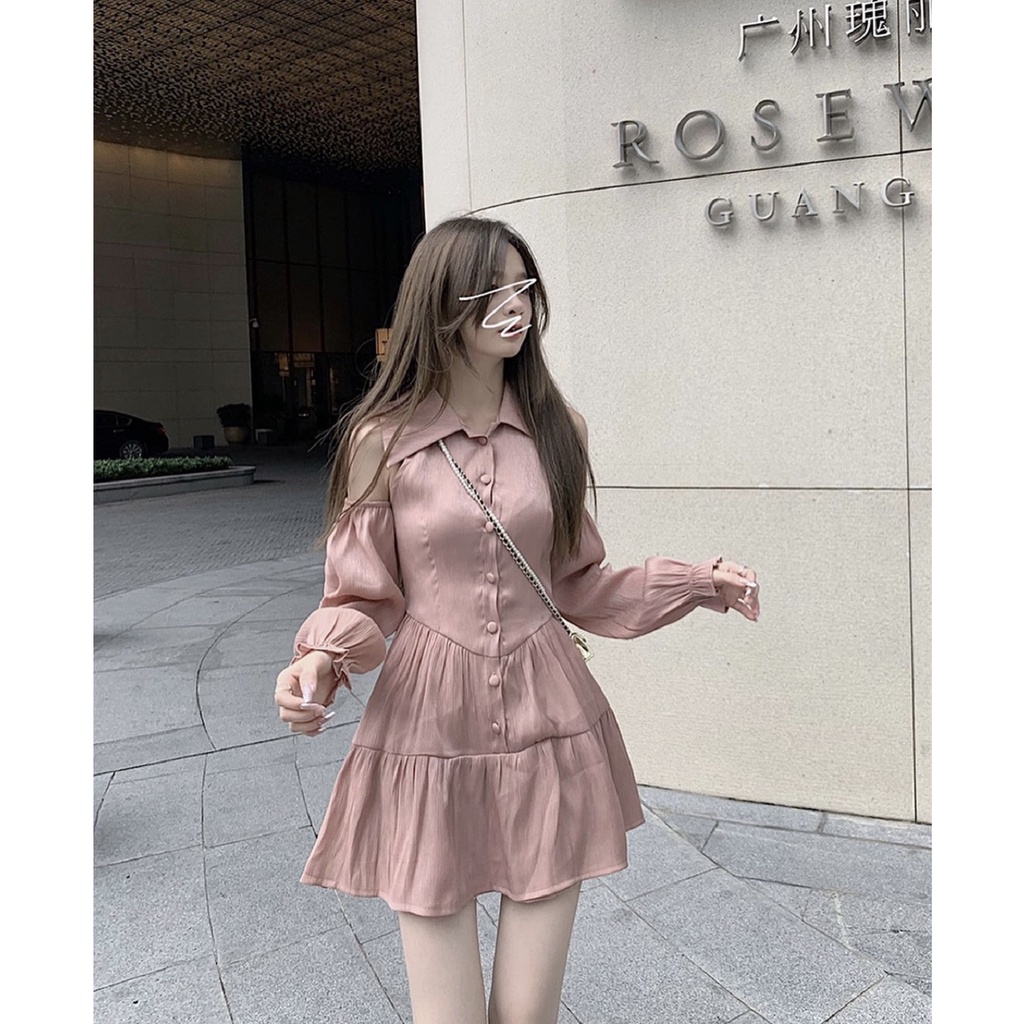 Váy lụa mềm hở vai cúc dọc V621 SUSTORE