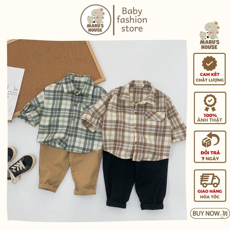 Set Bộ Đồ Cho Bé Trai Sơ Mi Kẻ Sọc Caro Quần Kaki Thô Mềm Hàng Xuất Âu Mỹ Cá Tính Maruhouse