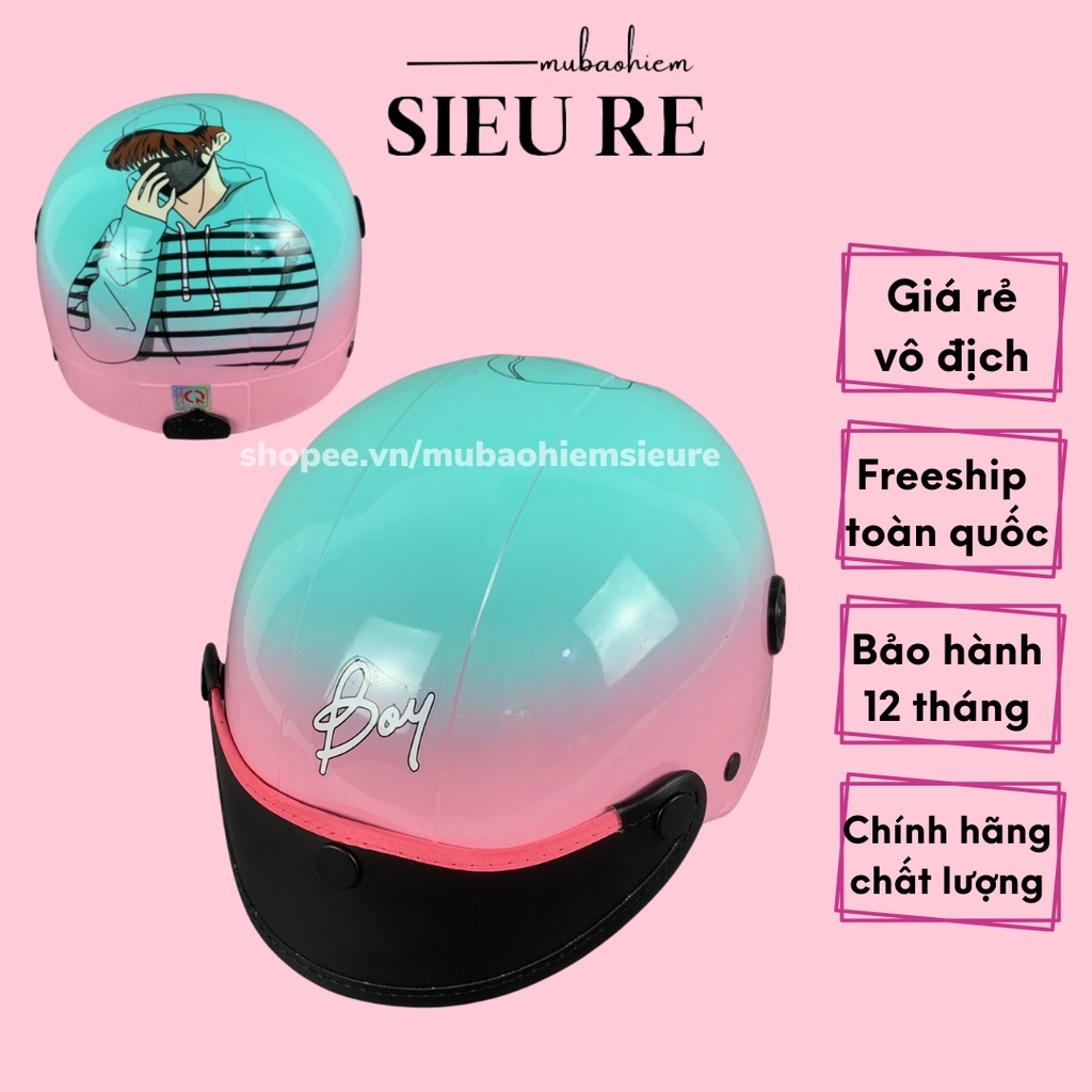 Mũ bảo hiểm nửa đầu chính hãng sơn highlight hồng và ngọc tem boy , nón bảo hiểm đa dạng màu sắc xu hướng của năm