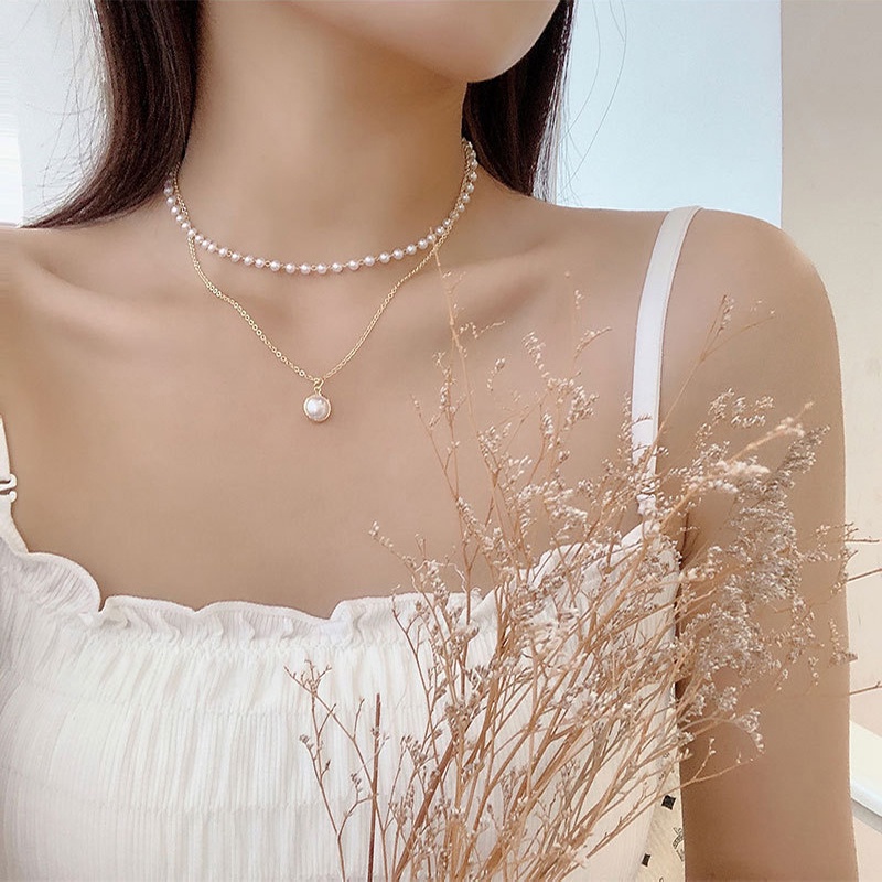 Dây chuyền kim loại hai lớp xỏ ngọc trai nhân tạo thời trang