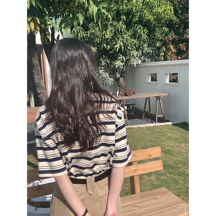 Áo Thun Nữ Ngắn Tay Cổ Tròn Họa Tiết Kẻ Sọc Thời Trang Mùa Hè