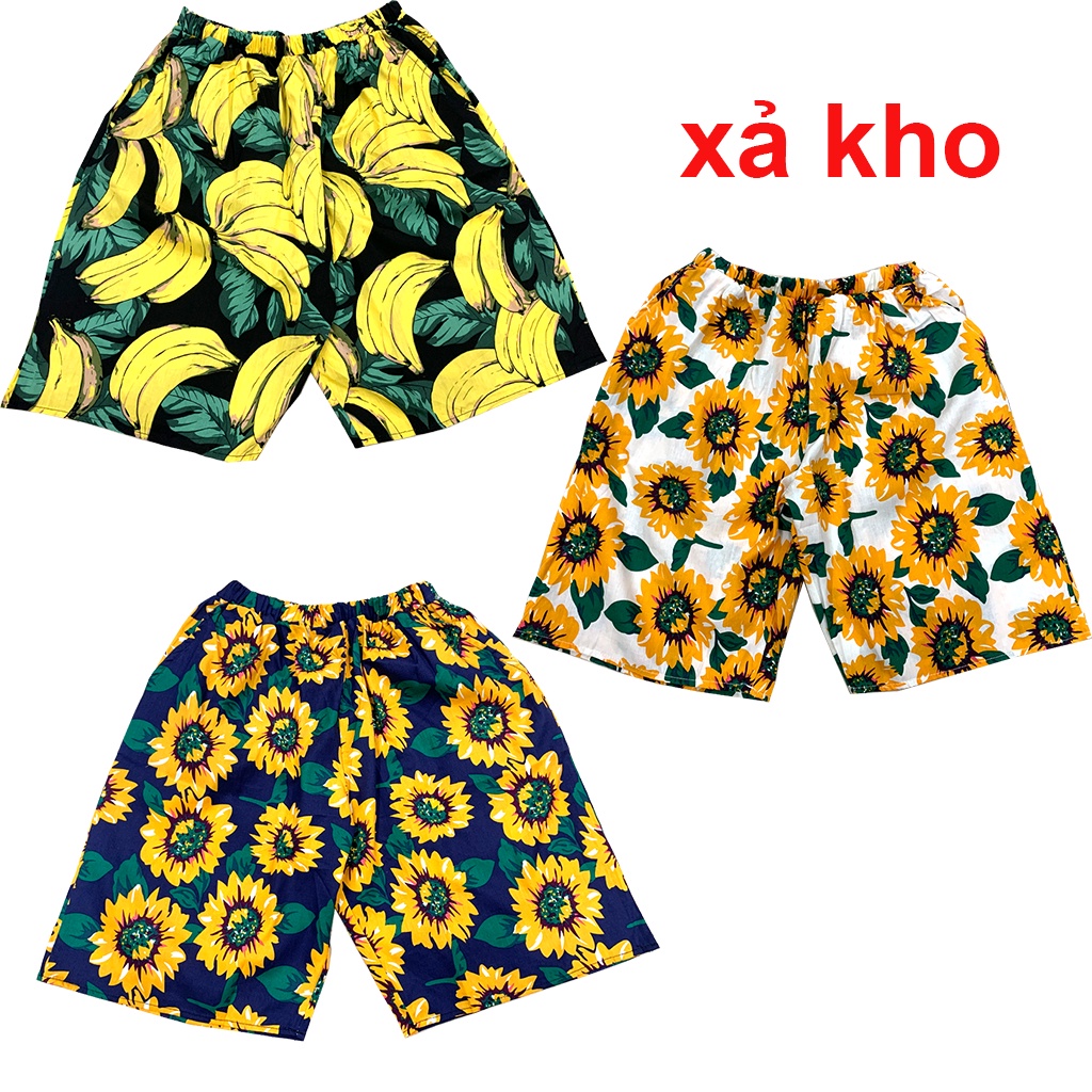 Quần trái cây đi biển nam nữ chất kate họa tiết trái chuối hướng dương