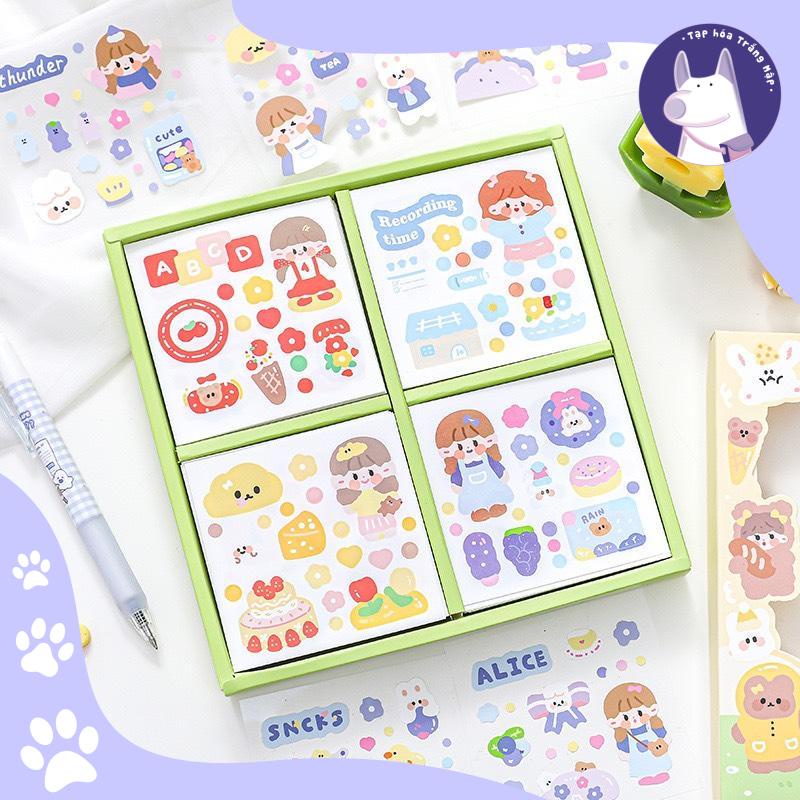 Set 100 sticker/nhãn dán dễ thương chủ đề HAPPY LEARNING/ĐI HỌC DUI DẺ chất PET PVC họa tiết nổi bật dễ thương