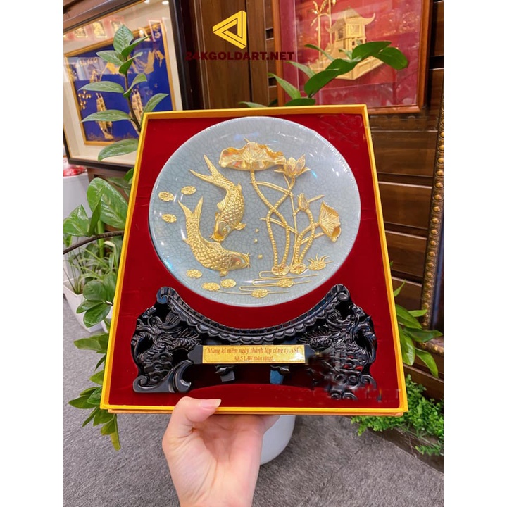 đĩa cá chép hoa sen dát vàng- MT Gold Art Quà tặng sếp, khách hàng, đối tác, khai trương, tân gia, mừng thọ, sinh nhật