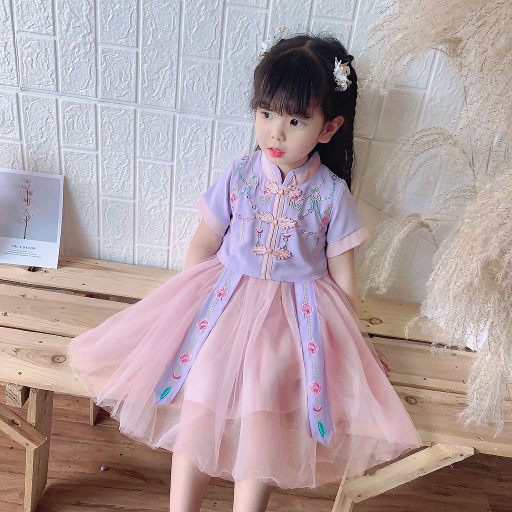Đầm Hán Phục Tay Ngắn Phối Lưới Thêu Họa Tiết Phong Cách Trung Hoa Mới 2022 Cho Bé Gái