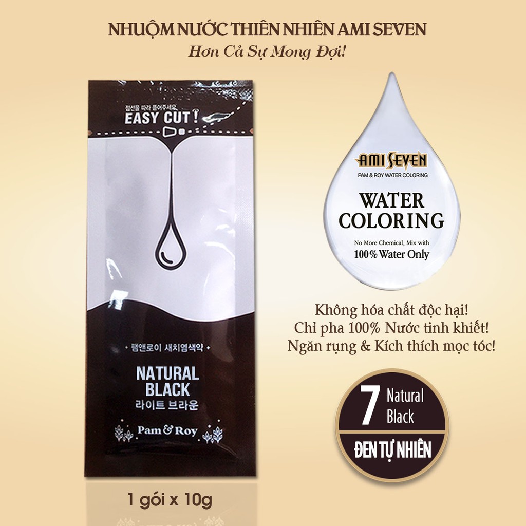 Nhuộm Nước Thiên Nhiên Ami Seven  - REFILL #7 Natural Black. CHỈ PHA 100% VỚI NƯỚC- dạng gói lẻ 10g -  Không phụ kiện.