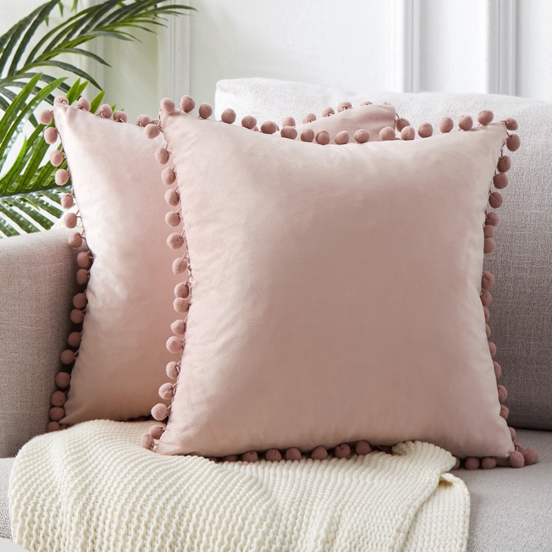 Gối Tựa Lưng Vỏ Gối Vuông Nhung 40x40cm Đệm Phủ Bằng Pompon