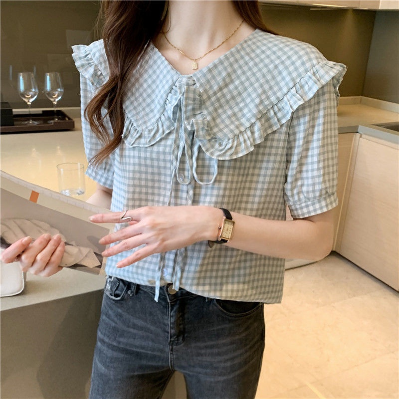 Áo Sơ Mi Tay Ngắn Cổ Búp Bê Ca Rô 168869 Áo Sơ Mi Dáng Rộng Thiết Kế Thời Trang Dễ Phối Đồ