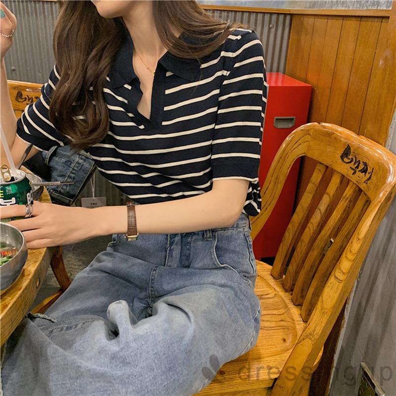 Áo thun polo tay ngắn cổ chữ v họa tiết sọc ngang dành cho nữ | BigBuy360 - bigbuy360.vn