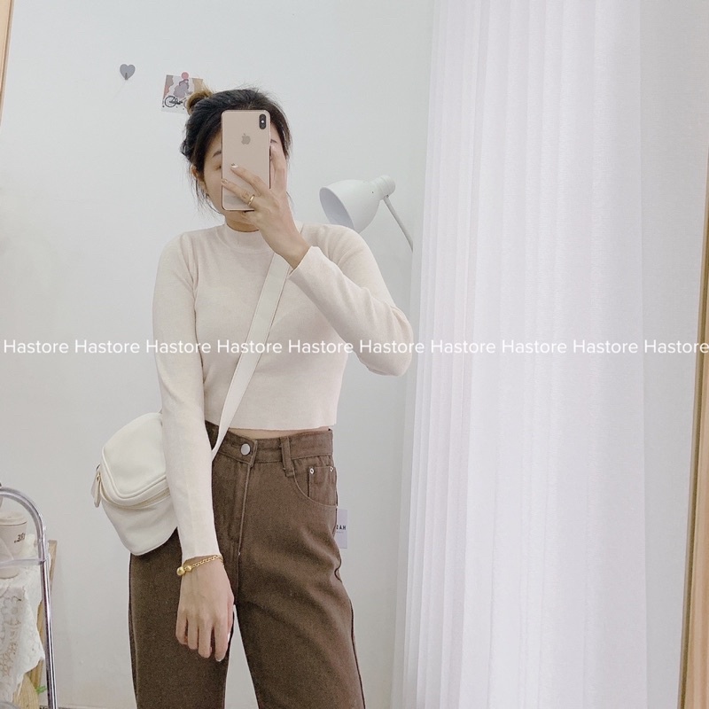 Áo len croptop tay dài cổ 3 phân