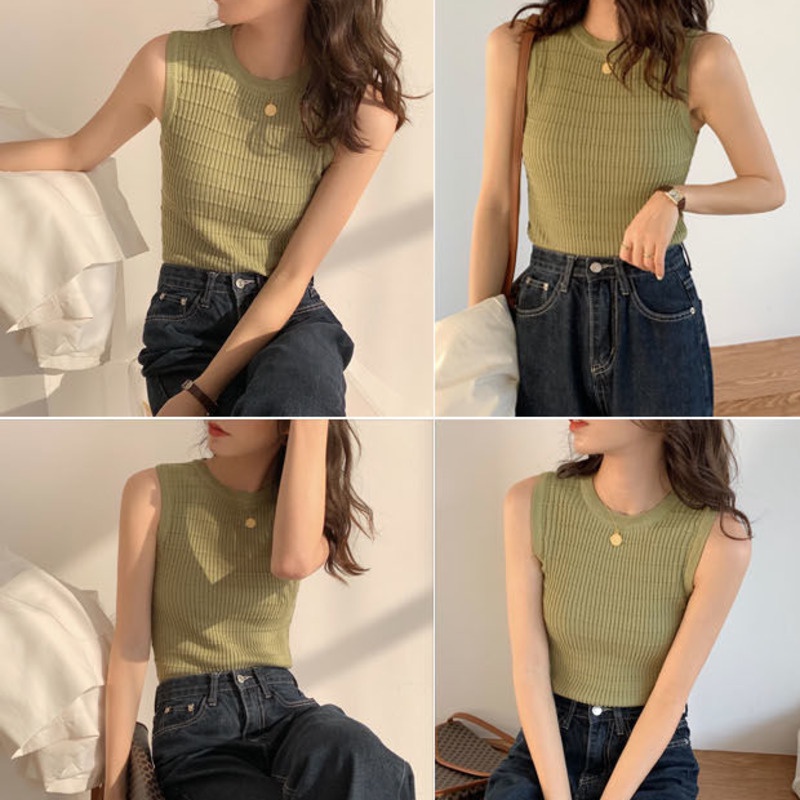 Áo Len Không Tay Màu Sắc Đơn Giản Cho Nữ 156510 Áo Camisole Cổ Tròn Ôm Dáng Đơn Giản Hợp Thời Trang