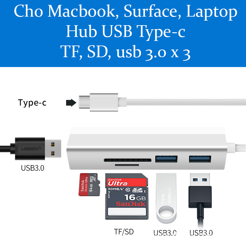 [Có video tốc độ] Hub usb type-c ra 3 cổng usb 3.0, thẻ nhớ TF, SD dành cho Surface, Macbook, Laptop