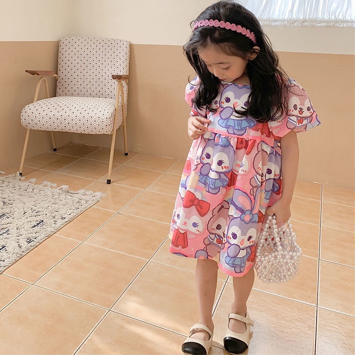 Đầm Ngắn Tay Họa Tiết Thỏ Hoạt Hình Thời Trang Mùa Hè Hàn Quốc 2023 Dành Cho Bé Gái