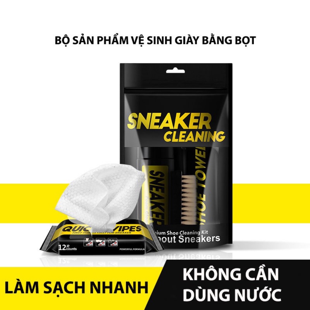 Combo Bộ vệ sinh giày Sneaker Cleaning 3 món gồm chai xịt bọt, bàn chải mềm, khăn lau giặt khô giày trắng, thể thao, da