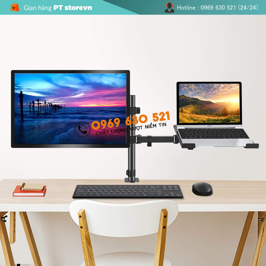 Giá Treo Màn Hình 17-32 Inch Kèm Giá Đỡ Laptop M076 / Tải Trọng 8Kg - Lắp Đặt Kẹp Bàn