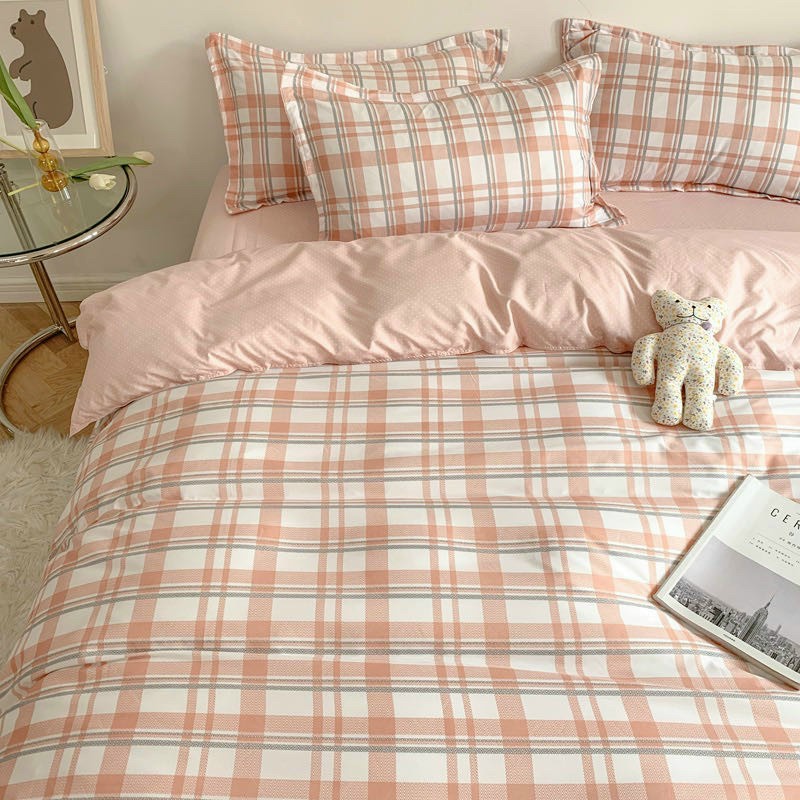 Bộ chăn ga gối Poly Cotton kẻ Hàn Quốc cho người yêu đơn giản (Tặng vỏ gối ôm) - Miễn phí bo chun