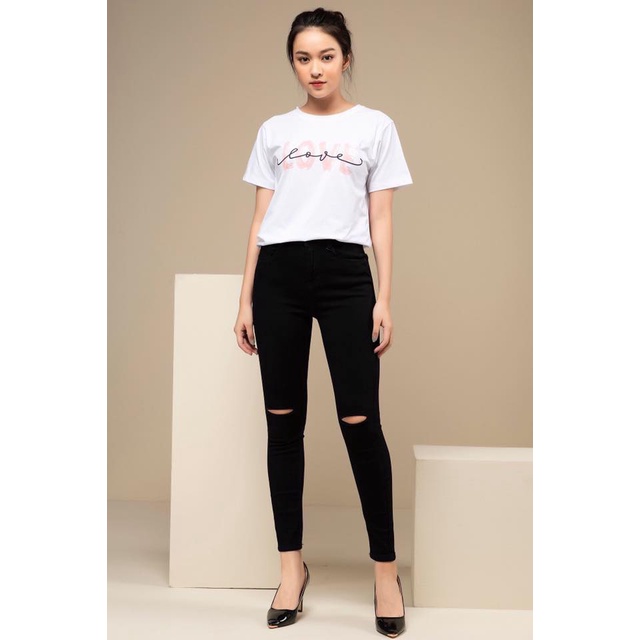 Quần jean nữ, Quần bò rách gối màu đen SKINNY Lưng cao siêu co giãn tôn dáng