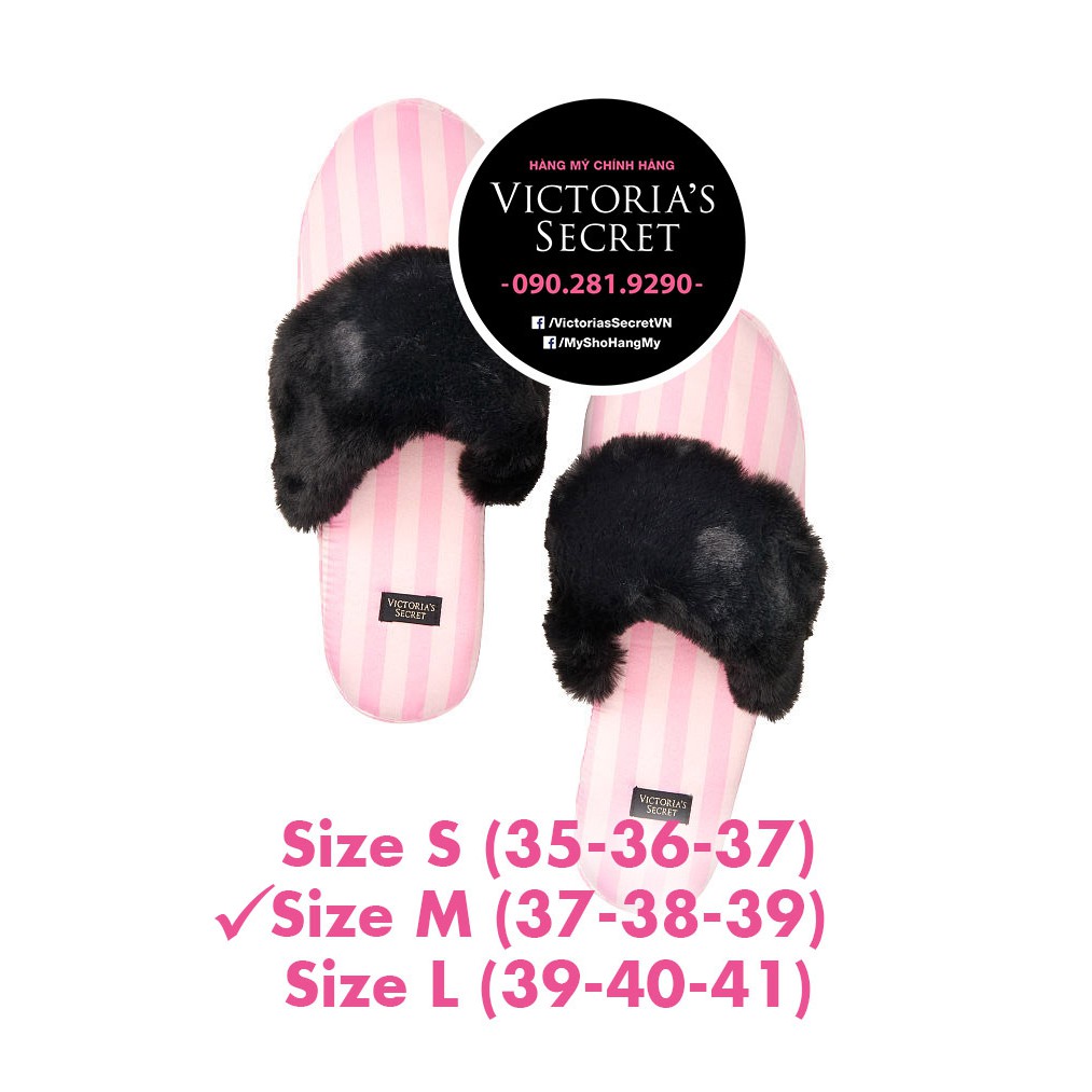 Dép vải satin hồng sọc đứng, phối lông đen  - size M  - Victoria's Secret