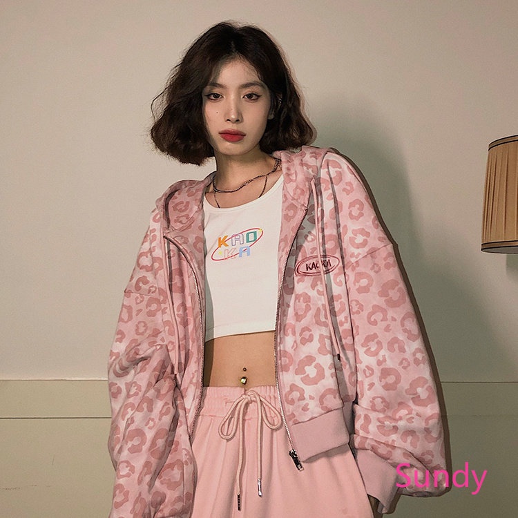 Áo Hoodie Tay Dài Dáng Rộng In Họa Tiết Da Báo Màu Hồng Kiểu Hàn Quốc Thời Trang Mùa Thu Cho Bạn Gái
