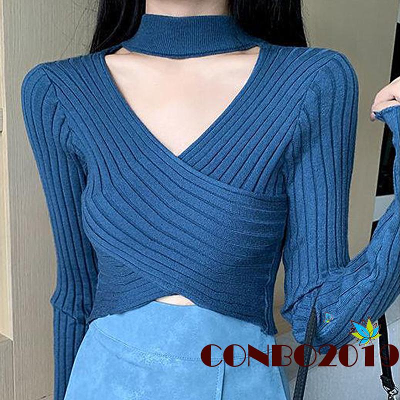 Áo len lửng tay dài cổ chữ V màu xanh/đen/trắng