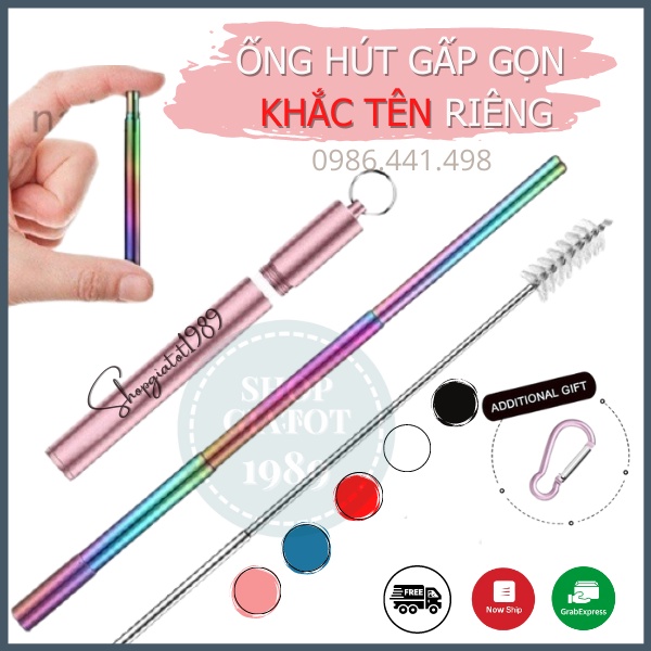 [KHẮC TÊN] Ống Hút Khắc Tên Gấp Gọn Inox 304  Thép Không Gỉ Cao Cấp Kèm Cọ Rửa Kèm Móc Khóa - SHOPGIATOT1989