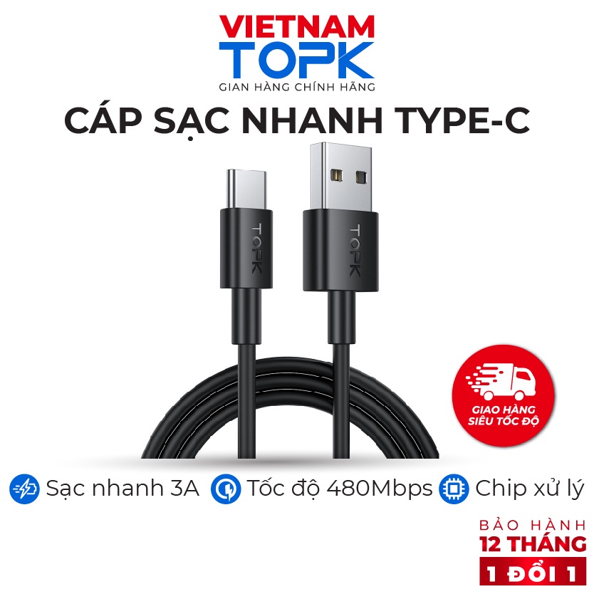 Cáp sạc TOPK AN02 sạc nhanh 3A - Vỏ Silicone dẻo chống đứt gãy Hàng chính hãng Bảo hành 12 tháng
