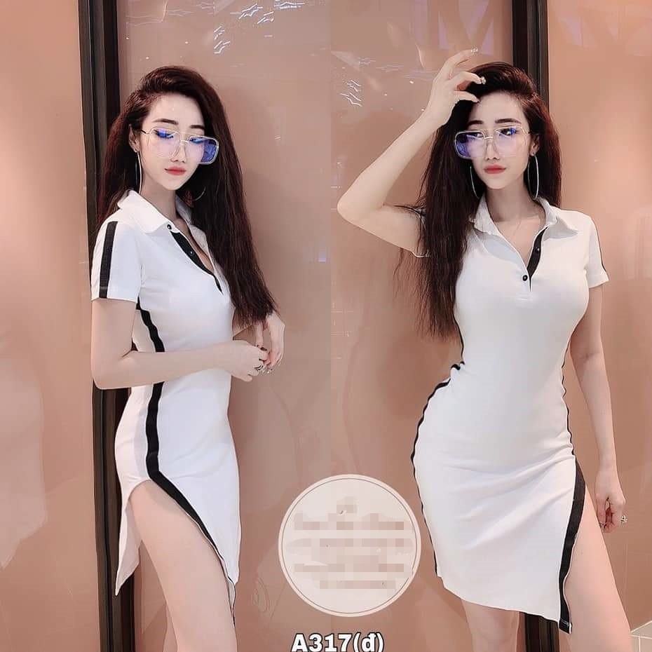 ĐẦM BODY XẺ TÀ CỔ TRỤ NÚT VIỀN EO