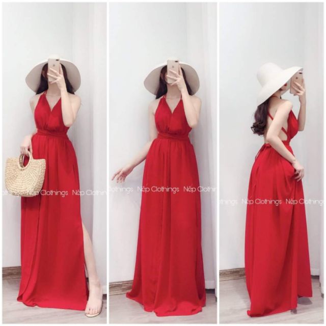 Sẵn 3 màu váy maxi hai dây hở lưng cổ yếm xẻ tà đi biển | BigBuy360 - bigbuy360.vn