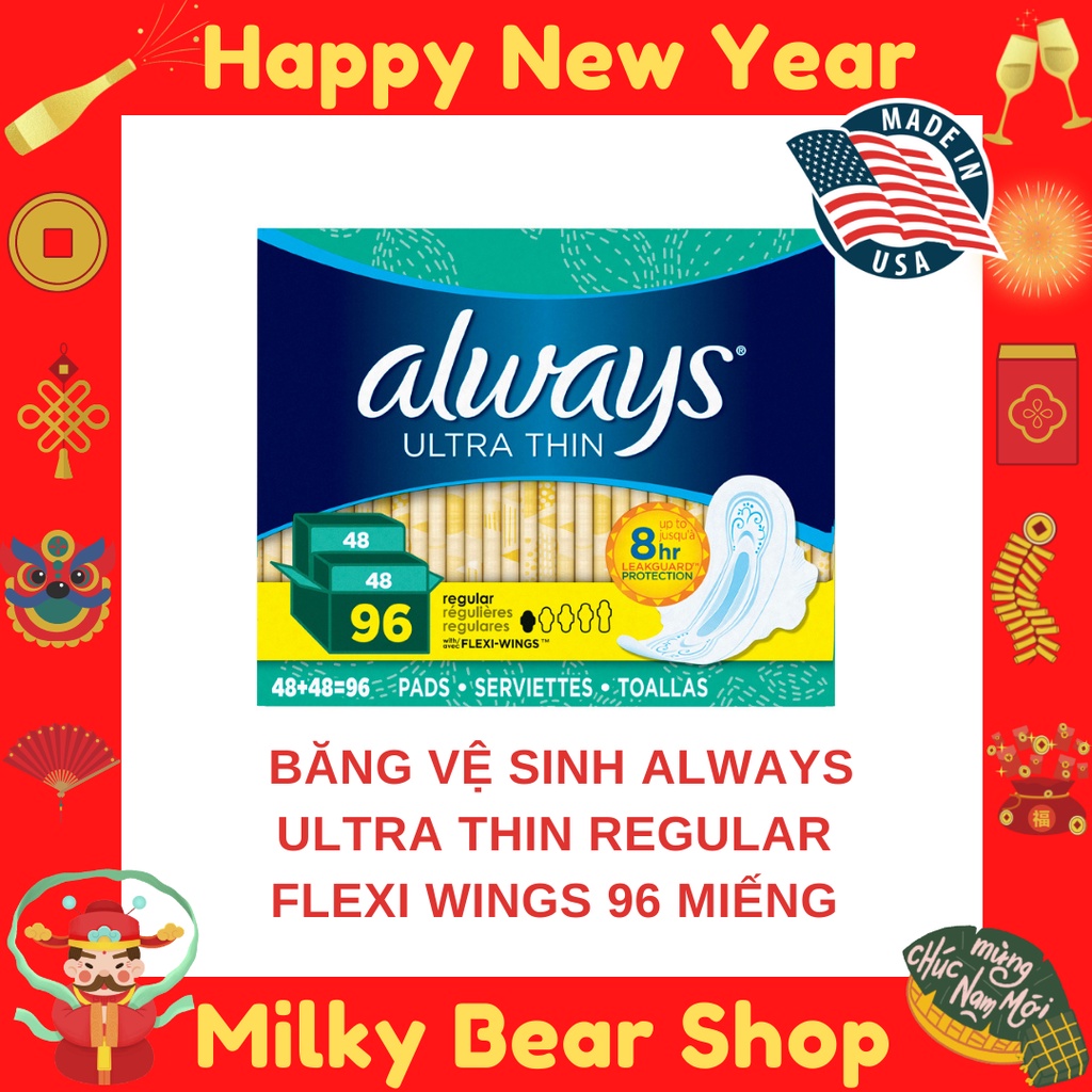 [MỸ] BĂNG VỆ SINH ALWAYS ULTRA THIN REGULAR FLEXI WINGS 96 MIẾNG BAN NGÀY