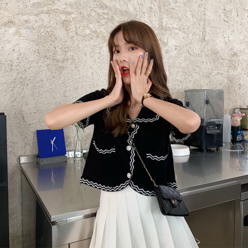 Áo Khoác Cardigan Mỏng Dáng Ngắn Rộng Tay Ngắn Cổ Peter Pan Họa Tiết Kẻ Sọc Thời Trang Mùa Hè 2022 Mới Dành Cho Bạn Nữ