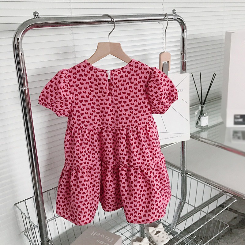 Đầm Công Chúa Mùa Hè Tay Phồng Xếp Ly In Họa Tiết Trái Tim Phong Cách Phương Tây Cho Bé Gái