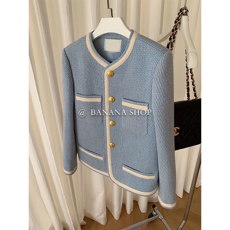 Áo khoác dạ Tweed xanh  viền trắng loại 1