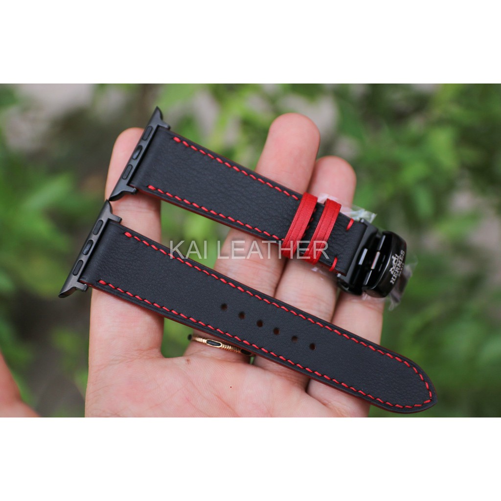Dây da đồng hồ Apple watch, chất liệu da Swift Pháp - Đen chỉ đỏ - Khâu tay thủ công - Bảo hành 12 tháng
