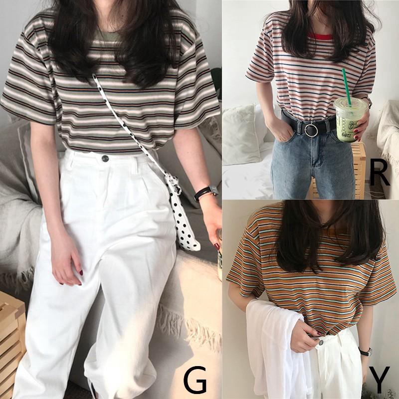 Women's Fashion Summer Casual T Shirt Short Sleeve O-Neck Korean Style Striped Loose Tee