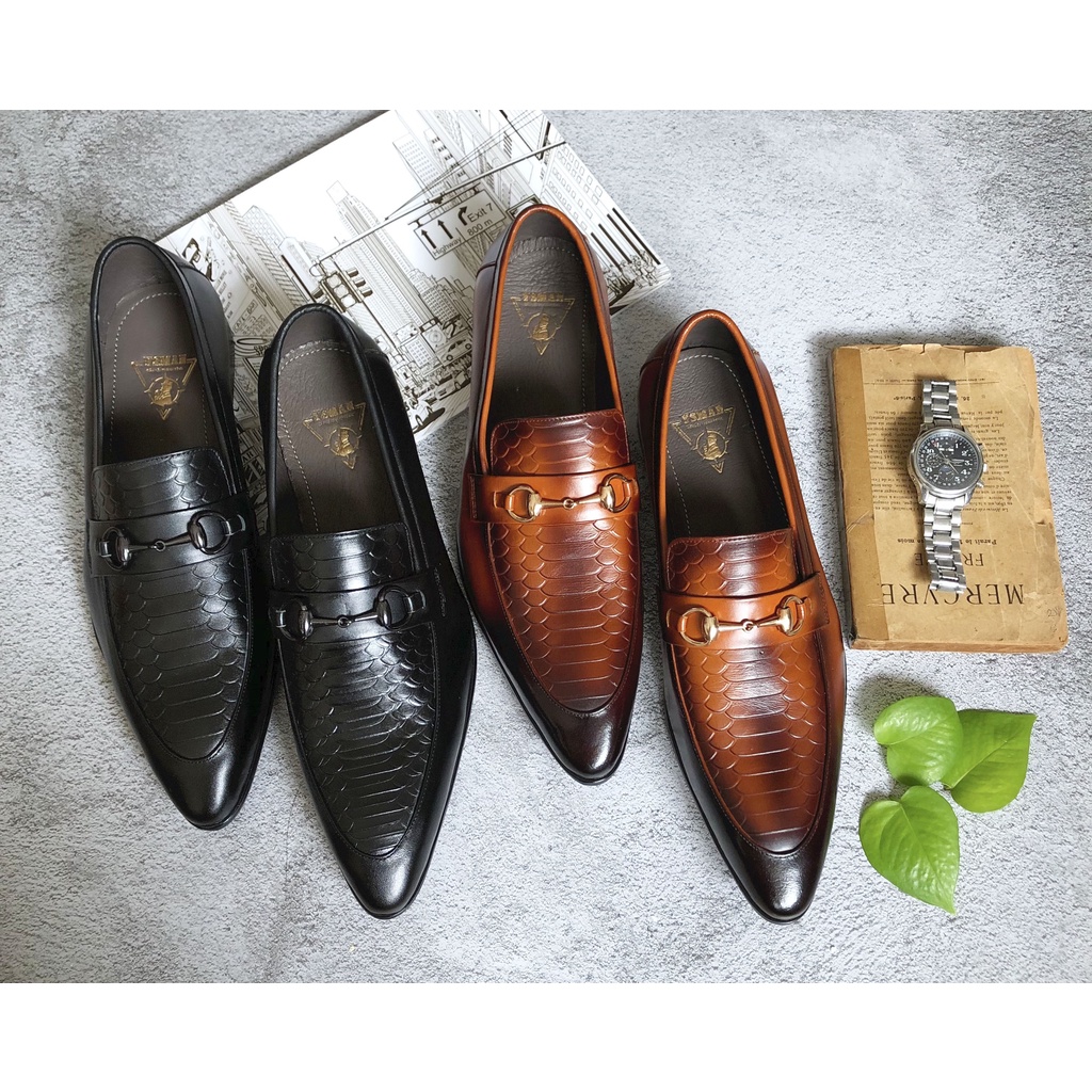 Giày lười Loafer da bò thật VSMAN - Giày mọi nam công sở có khóa ngang dập vân cá sấu ôm chân dành cho quý ông - HHG022
