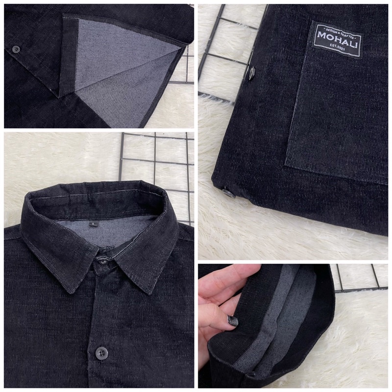 Áo sơ mi nhung tăm tay ngắn nam nữ màu ĐEN form rộng thời trang unisex MOHALI SM003