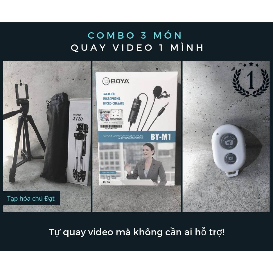 Combo 3 dụng cụ hỗ trợ quay video bằng điện thoại 1 mình - micro cài áo boya by m1 - tripod 3 chân - remote bluetool