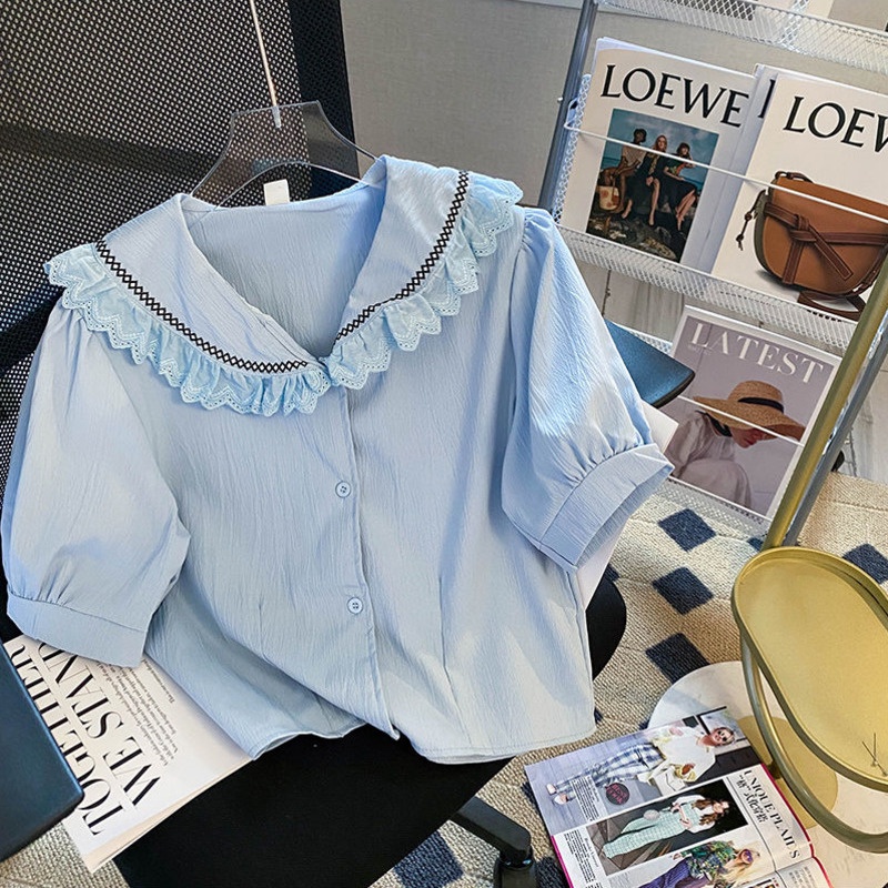 Áo Sơ Mi Tay Ngắn Dáng Rộng Cổ Búp Bê Phong Cách Hàn Quốc Dành Cho Nữ
