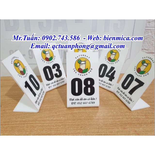 THẺ SỐ ĐỂ BÀN MICA - Màu sắc theo yêu cầu khách - Thẻ Bàn Mica chữ L 1 mặt và chữ A 2 mặt, có sẵn giao ngay